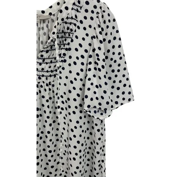 Polka Dot Blouse By Loft Size M Short Sleeve Smocked White/Black - Picture 4 of 8